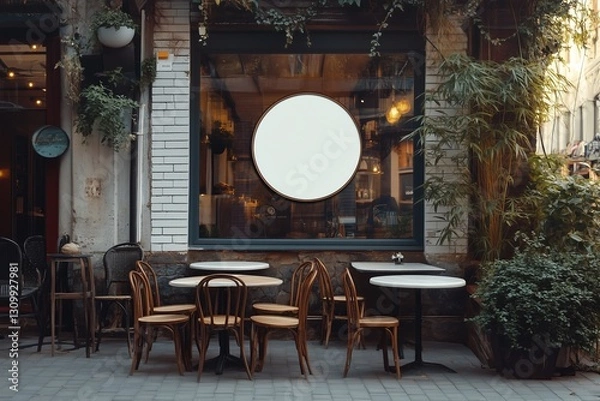 Fototapeta Coffee shop street blank circular signboard mockup for logo design and brand presentation ,Mock up
