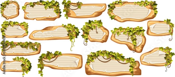 Fototapeta Wooden brown boards with school page in line, ragged graph paper. Set 3d vector blank invitations, maps decorated stems hedera helix, ivy, liana, grapes, vine,  jungle plants.