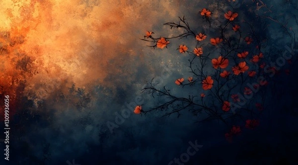 Fototapeta A nature-inspired digital painting with a dark orange and dark blue abstract grunge background, featuring thorned flowers intertwined with the dense, misty forest landscape. The high-resolution