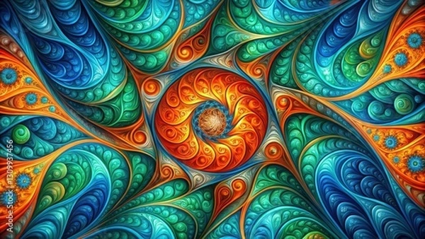 Fototapeta Abstract Swirling Pattern of Interconnected Spirals in Hues of Orange, Blue, and Green