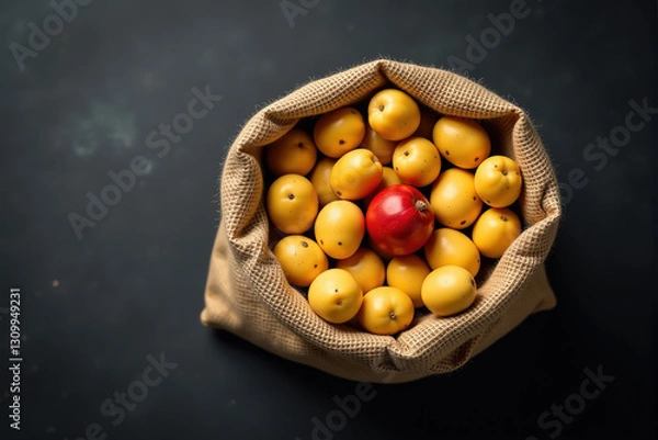 Fototapeta Overhead shot of a burlap sack filled with yellow fruits and one red fruit.