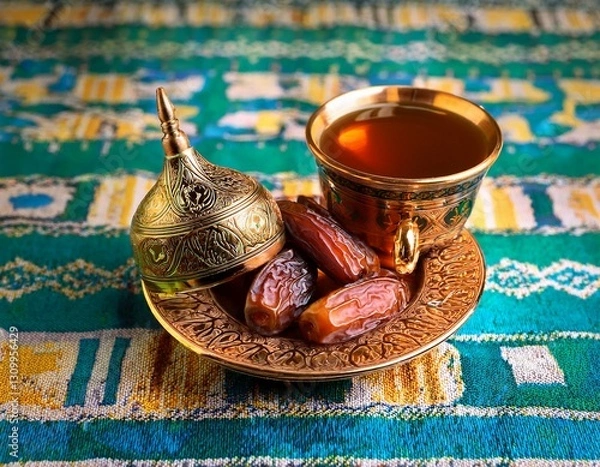 Fototapeta Traditional Ramadan dates and a golden tea cup on a decorative tablecloth, with soft light