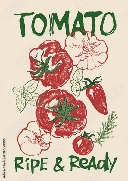 Fototapeta Vector vegetable poster of tomatoes and cherry. Hand-drawn garden harvest sketch. Tasty food illustration for restaurant and cafe interior, veggie market drawing print, fabric or background.