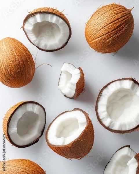 Obraz Brown Coconuts Halved on White Background