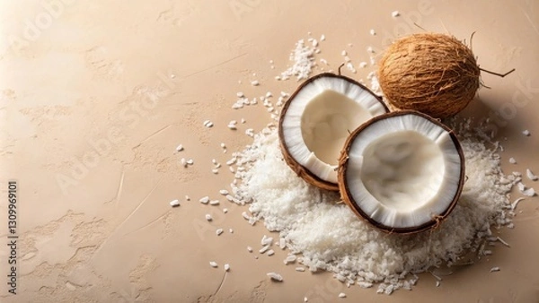Fototapeta A tropical delight of fresh coconut halves and shredded coconut on a light brown textured background.