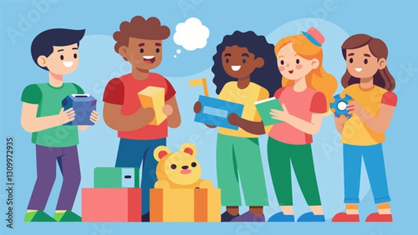 Fototapeta A group of friends hosting a thrift store toy restoration party exchanging tips and tricks on how to bring old toys back to life.. Vector illustration