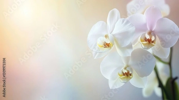 Obraz Fresh white orchids on the side against a soft gradient white