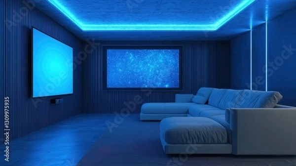 Fototapeta A modern living room featuring blue ambient lighting, a large screen, and a comfortable couch, creating a cozy and stylish atmosphere for entertainment.