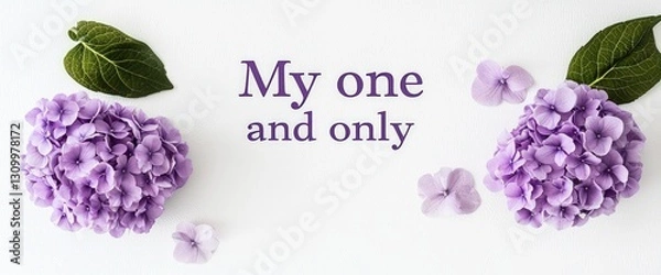 Obraz "My one and only" with purple hydrangeas placed elegantly on white