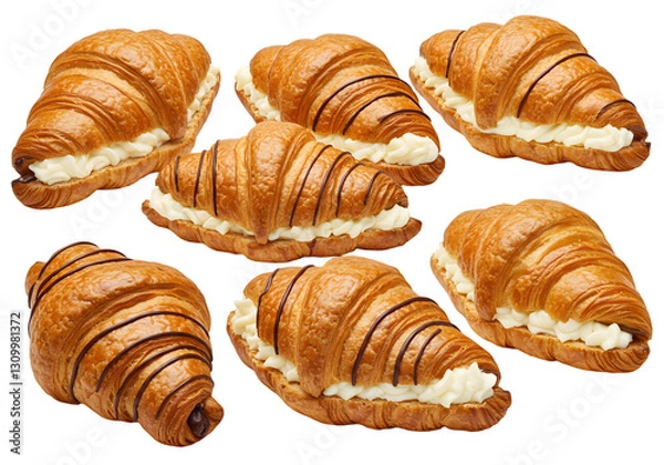 Fototapeta Freshly Baked Croissants Filled with Creamy Filling and Drizzled with Chocolate, Perfect for Breakfast or Dessert Delight
