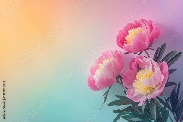 Obraz Soft pink peony flowers side-placed on a bright gradient backdrop