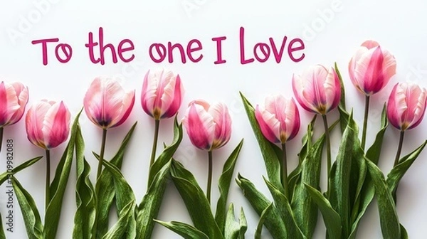 Obraz "To the one I love" written with soft tulips beside on white background