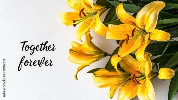 Obraz "Together forever" written with bright yellow lilies beside on white