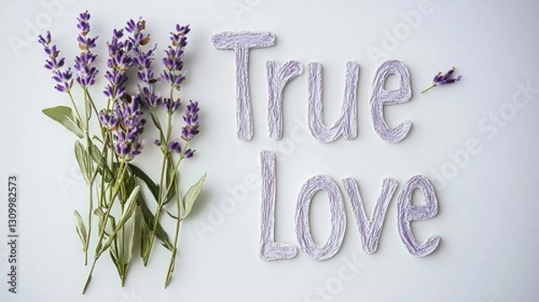 Obraz "True love" written with soft lavender flowers beside on white