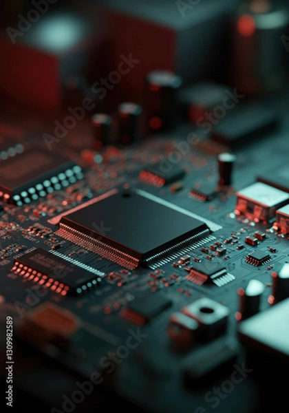 Fototapeta Close-up of a circuit board with intricate components and glowing lights