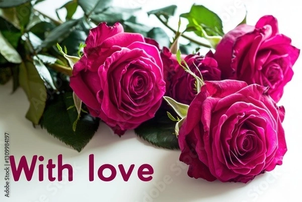 Obraz "With love" written with vibrant pink roses placed beside on white