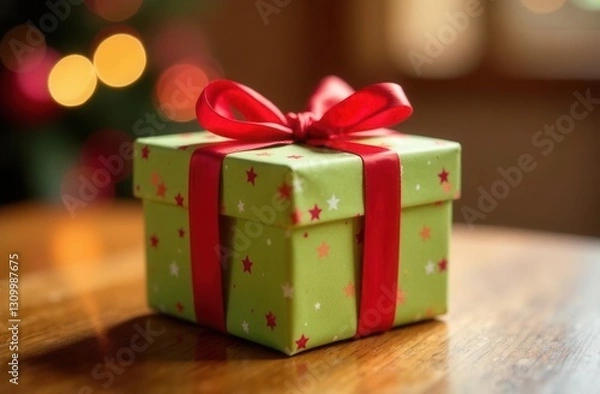 Fototapeta Festive april fools day gift box with colorful ribbon and stars for celebration