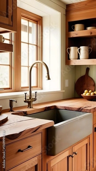 Obraz Rustic style kitchen featuring wooden cabinets, farmhouse sink and open wooden shelves