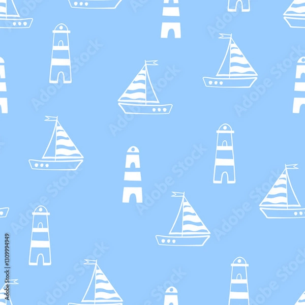 Fototapeta Simple boat and lighthouses seamless pattern. Marine pattern