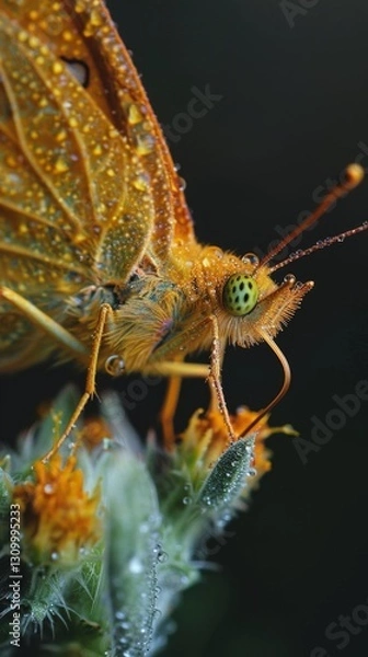 Fototapeta Close-up view of a vibrant butterfly resting on delicate flowers in a serene natural setting