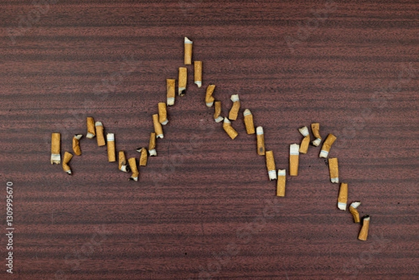 Fototapeta Schedule of smoked cigarettes. Cigarette butts stacked on a wooden background. Drop and damage graph
