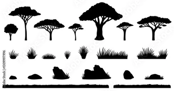Fototapeta Grass, Rocks and Tree Silhouette Scene Creator Builder Clipart Set - Grassy Landscape Elements on a Transparent Background
