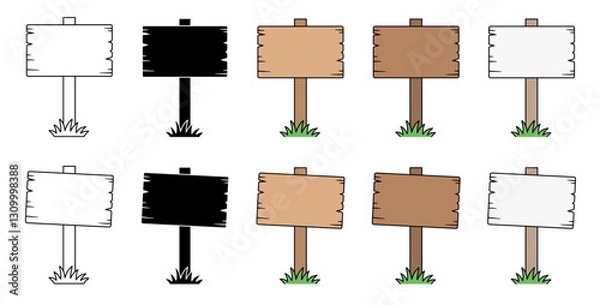 Fototapeta Blank Cartoon Wood Sign Post with Grass Template Clipart - Outline, Silhouette and Color Isolated on a Transparent Background