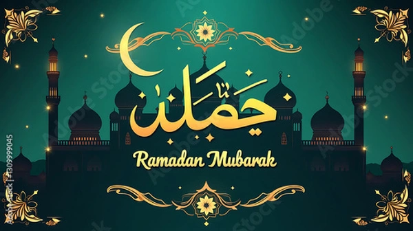Fototapeta Elegant Islamic Greeting Card Background with Mosque and Ramadan Kareem Calligraphy