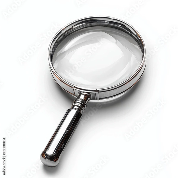 Obraz shiny magnifying glass with metallic handle is displayed on white background, emphasizing its reflective surface and clear lens