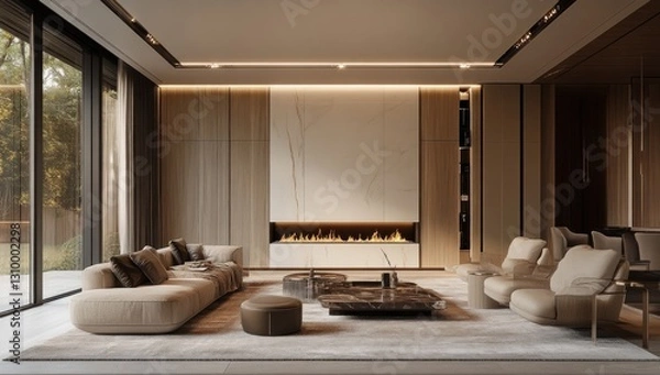 Obraz Modern, spacious living room with fireplace, beige tones, and natural light. Large windows overlooking a garden.