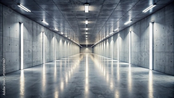 Fototapeta A long, narrow concrete corridor with a series of evenly spaced doors and overhead lights casting reflections on the polished floor