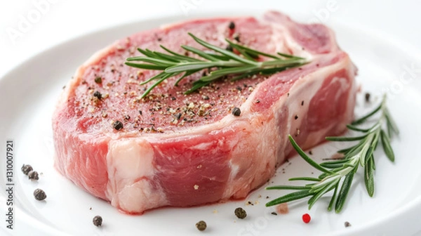 Fototapeta Raw ribeye steak with seasoning and fresh rosemary on plate