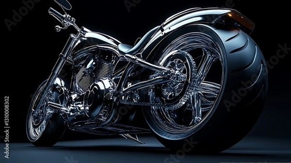 Fototapeta Chrome motorcycle with large tire. Studio shot on dark surface. Product image
