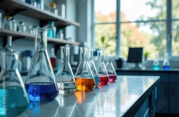 Fototapeta Laboratory flasks with colorful liquids on counter in bright scientific research lab