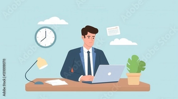 Obraz Young caucasian male professional working in office setting with laptop and desk accessories.