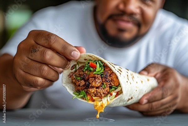 Fototapeta African adult male holding delicious burrito filled with fresh ingredients.
