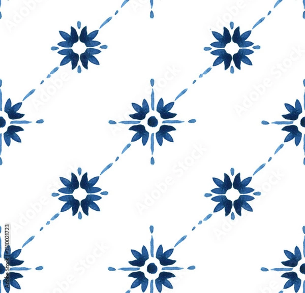Obraz Hand painted watercolor flower like Moroccan scroll ornamental allover seamless tile pattern in repeat.