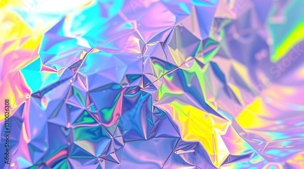 Fototapeta Close-up abstract of a holographic surface with a textured grid pattern.  The surface reflects vibrant blue, pink, yellow, and green. 