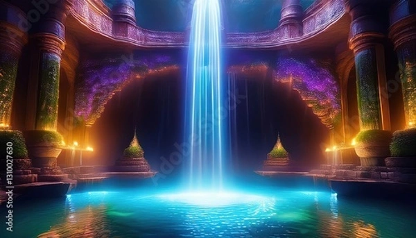 Fototapeta A stunning waterfall cascades into a tranquil pool, surrounded by vibrant colors and soft light.