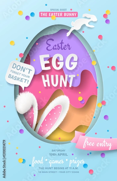 Obraz A realistic cutout egg, a paper rabbit, fluffy bunny ears, ribbon, a speech bubble, and colourful confetti are on the Easter Egg Hunt poster template. Vector blue cartoon background for festive flyers