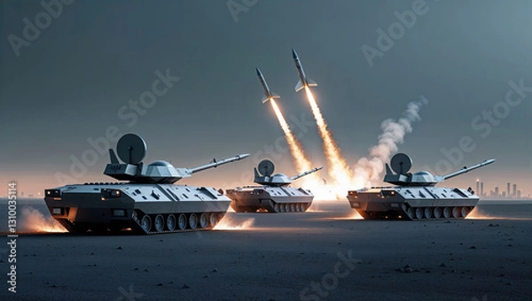 Fototapeta military tanks launching missiles in the desert, creating a powerful display of firepower and military might against with a distant city. Missile defence system of anti-missile tanks intercepting