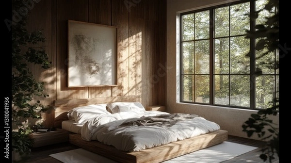 Fototapeta Serene Bedroom Retreat: Natural Light & Woodsy Comfort