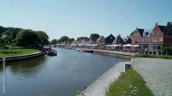 Fototapeta Dutch Canal Town Scene, Sunny Day, People Relaxing
