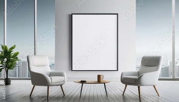 Fototapeta Bright Office Mockup with White Armchairs and Open Space Vibrant Spacious Scene Perfect for Digital Art, Home Decor or Design Inspiration