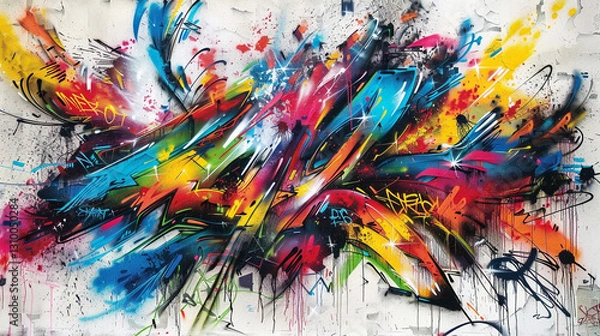 Fototapeta A dynamic graffiti mural bursting with bold colors, abstract strokes', and energetic splatters. 