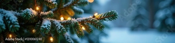 Fototapeta Twinkling lights adorn a pine tree's sprig in a snowy scene, Evergreen, Christmas tree branch, Frosty atmosphere