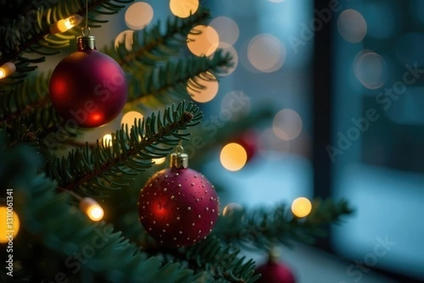 Fototapeta Twinkling lights create a cozy atmosphere on pine, holiday, sparkle