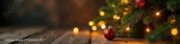 Obraz Twinkling lights on a rustic sepia-toned Christmas tree, warm, sepia, tabletop