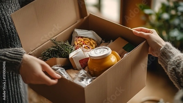 Fototapeta Home food delivery, hands opening cardboard box,  plants in background,  donation or grocery pickup