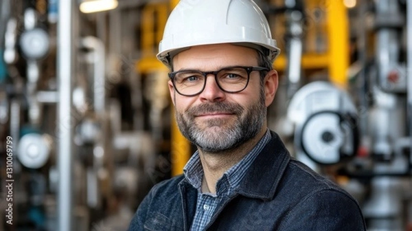 Fototapeta Industrial Engineer Portrait: Confident Man in Hard Hat Stands Amidst Complex Machinery